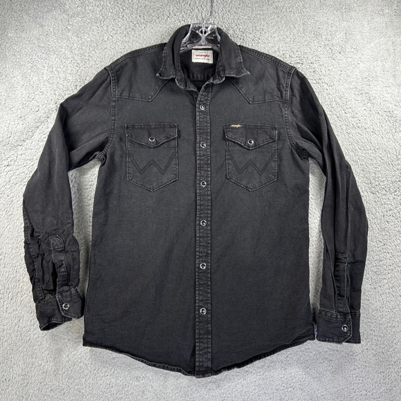 Wrangler Shirt Mens Small Black Denim Chambray Pearl Snap Western Rodeo Cowboy - Picture 1 of 7